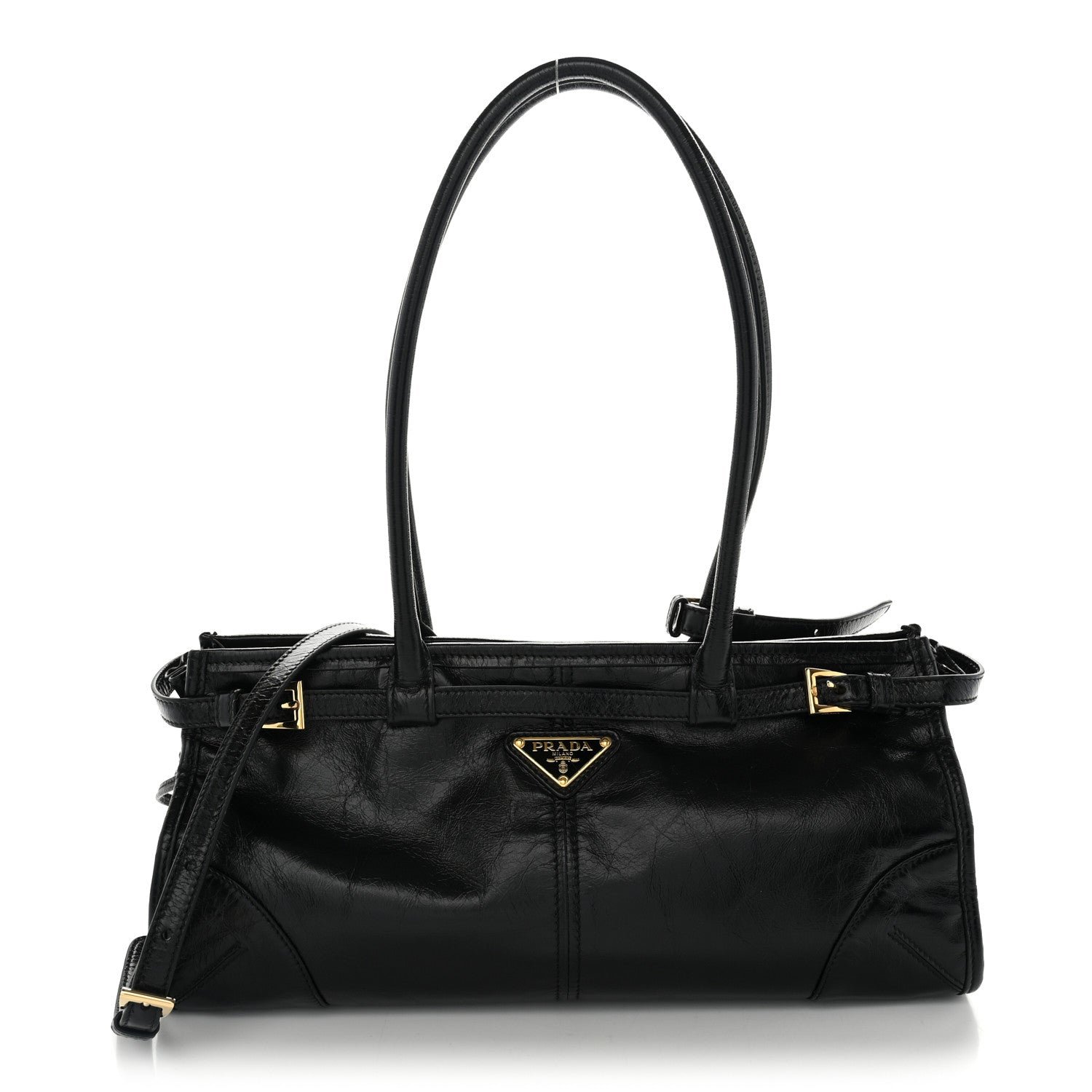 Prada Glossy Calfskin Triangle Medium Bonnie Shoulder Bag Black