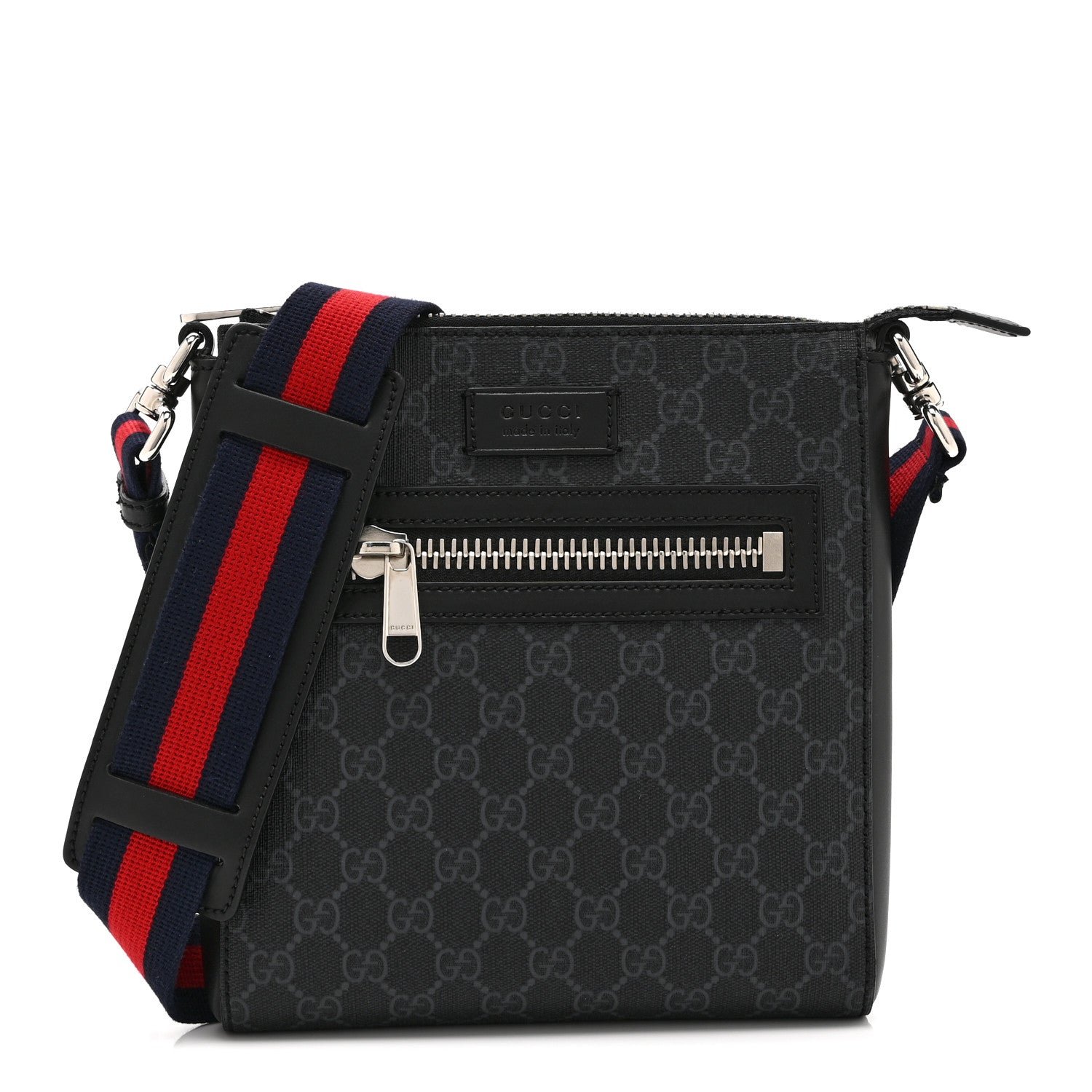 Gucci GG Supreme Monogram Web Small Flat Messenger Bag Black Grey