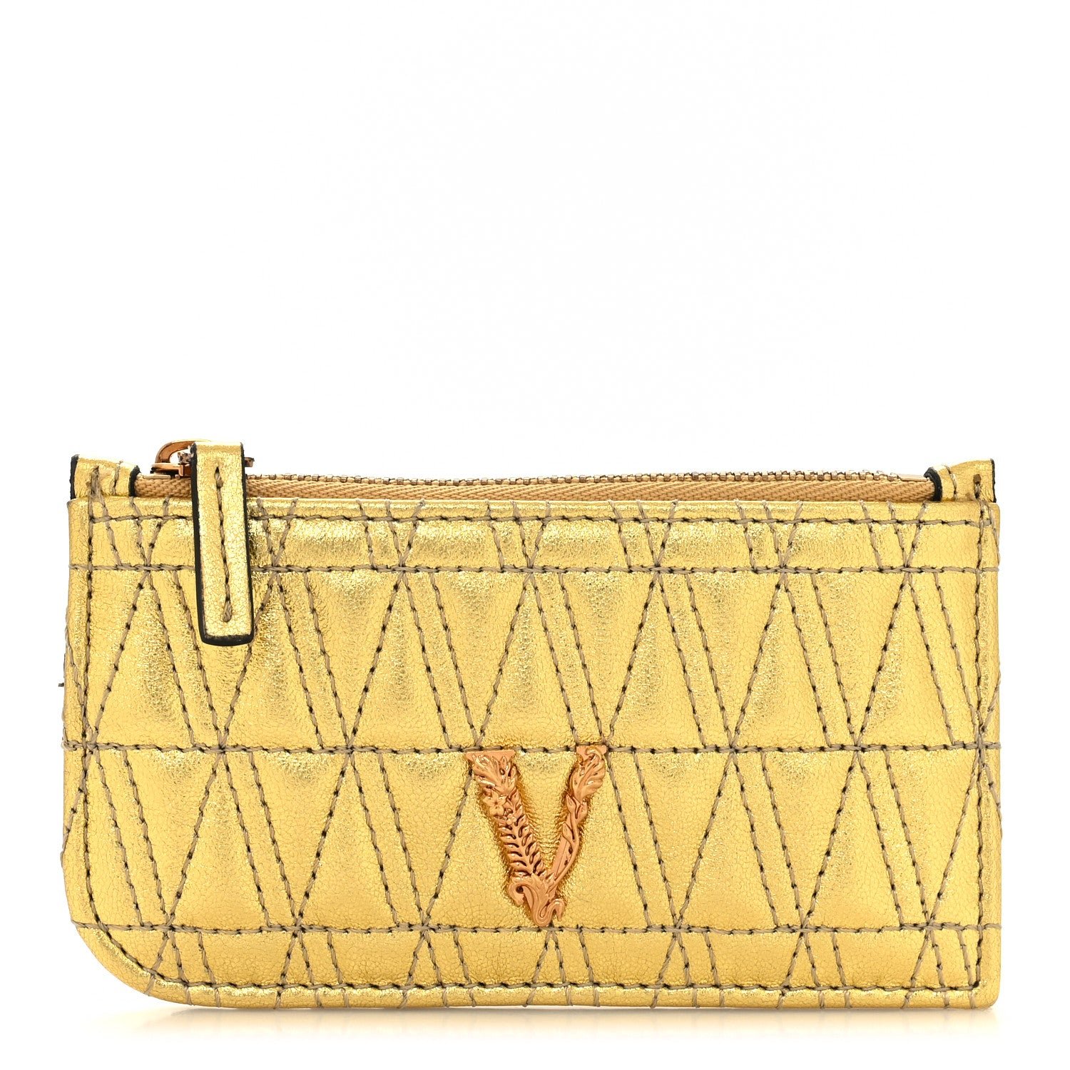 Versace Metallic Nappa Quilted Virtus Zip Pouch Card Holder Gold