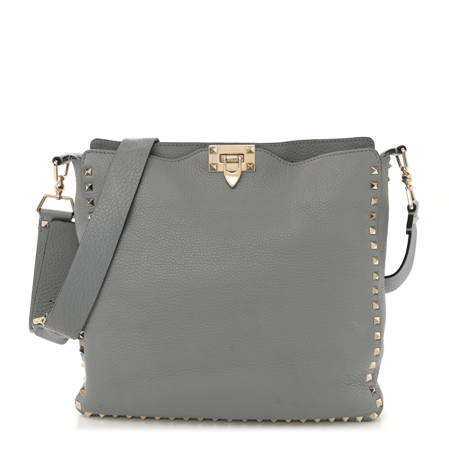 Valentino Garavani Pebbled Calfskin Small Rockstud Flip-Lock Messenger Bag Light Stone