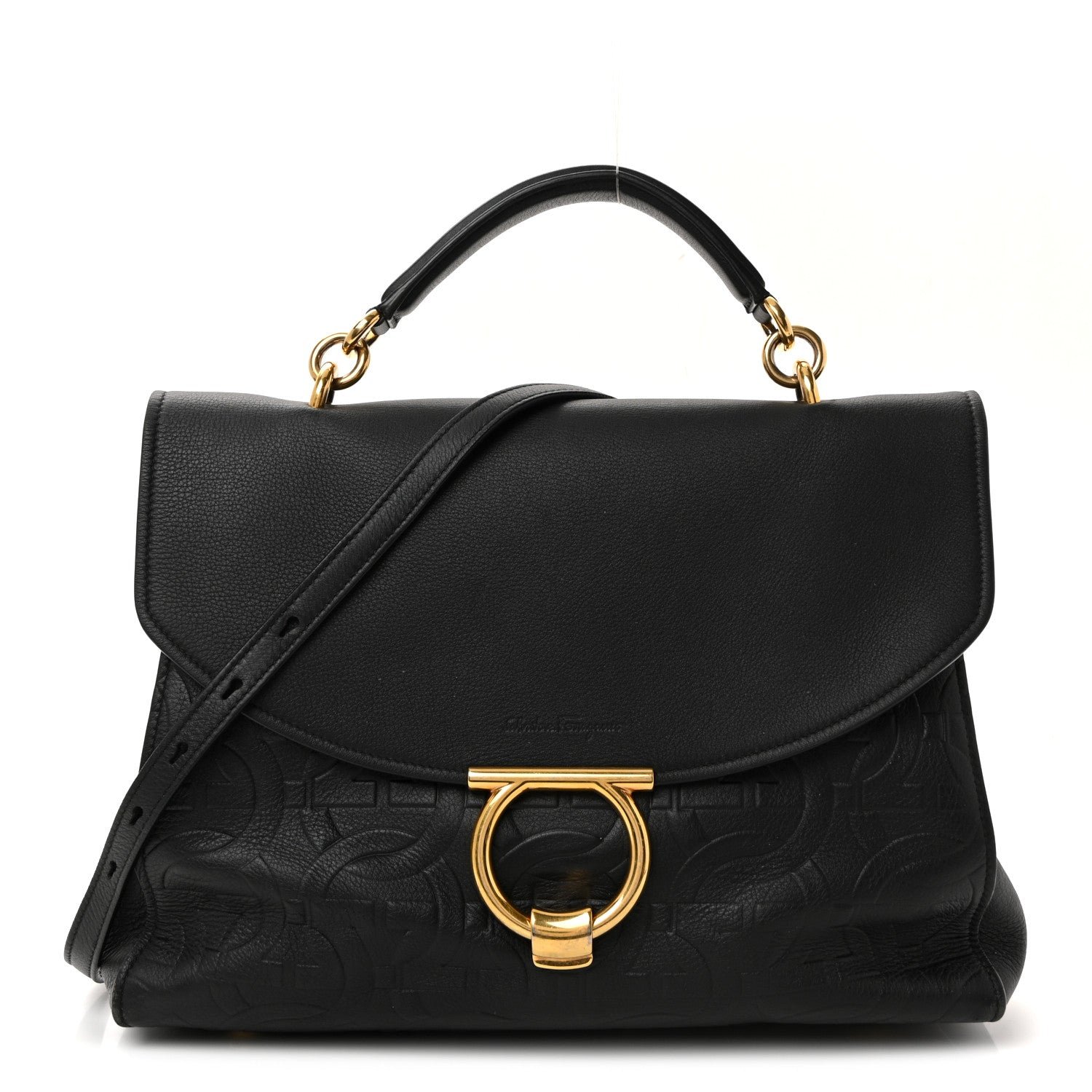 Salvatore Ferragamo Salvatore Ferragamo Calfskin Embossed Medium Margot Top Handle Satchel Black