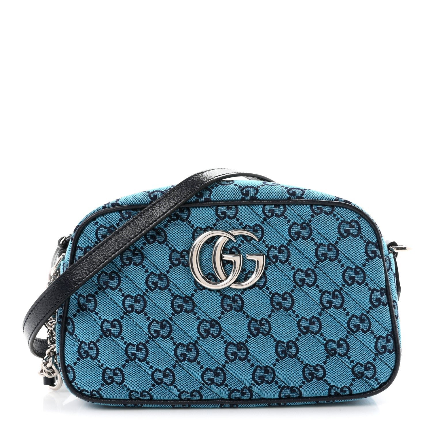 Gucci Monogram Multicolor Matelasse Diagonal Small GG Marmont Chain Shoulder Bag Light Blue