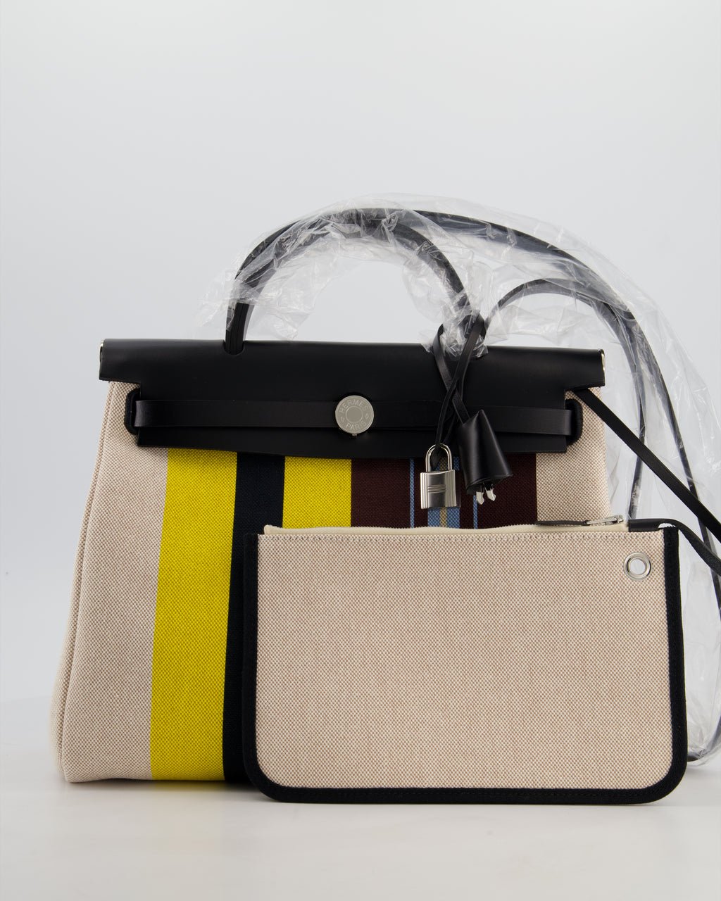 Hermes Hermès Herbag 31 Zip Bag in Ecru, Beige, Jaune & Bordeaux Toile H Rayures Equipage Canvas, Noir Vache Hunter Leather with Palladium Hardware