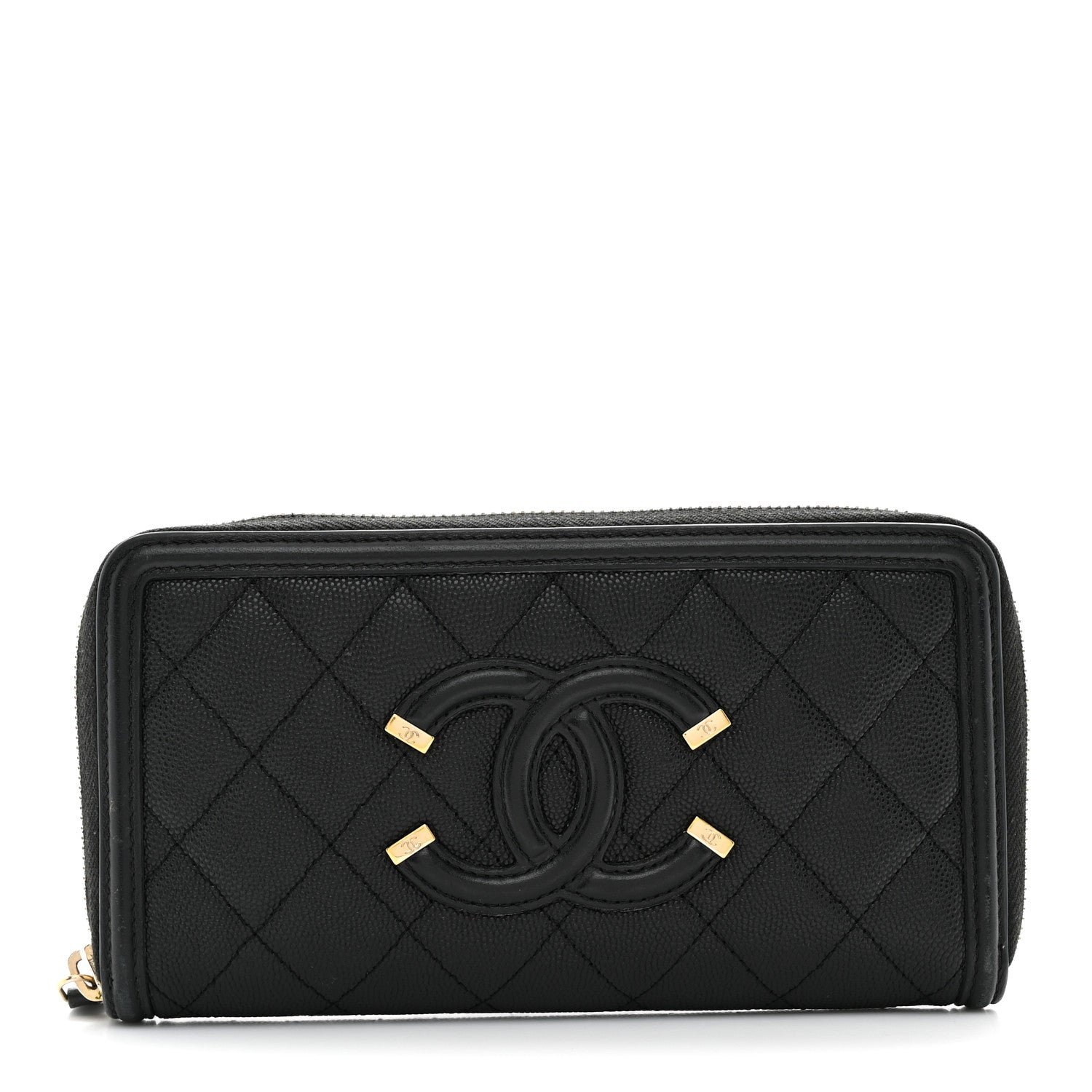 Chanel Caviar Quilted Filigree Zip Around Wallet Black