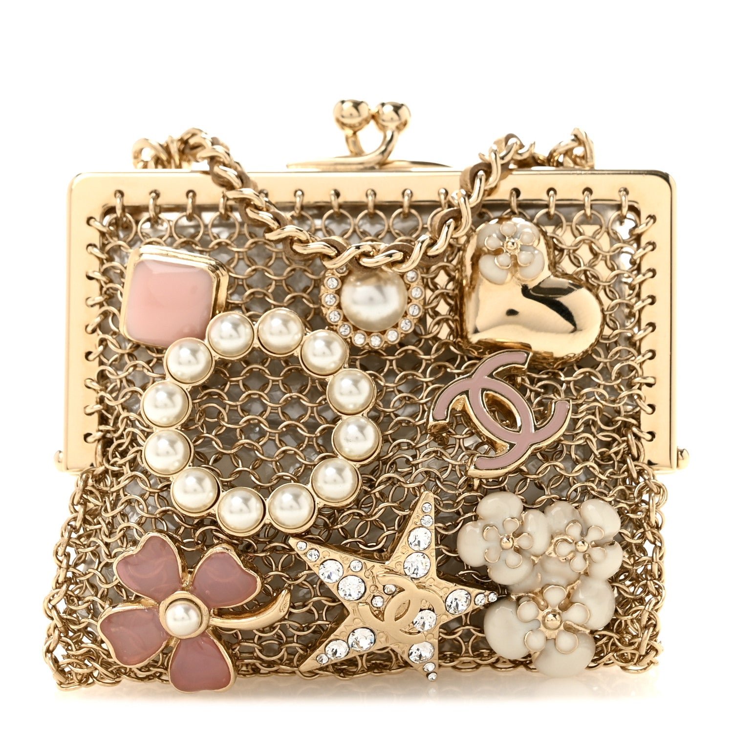Chanel Metal Pearl Enamel Kiss Lock Chain Mail Charm Clutch Gold