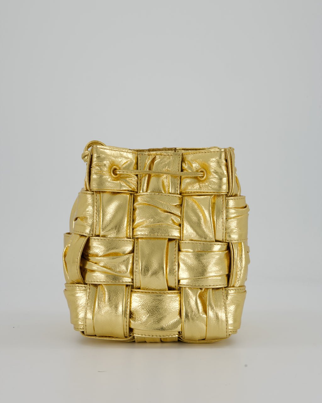 Bottega Veneta Aged Gold Intrecciatto Cassette Cross Body Bucket Bag in Calfskin Leather