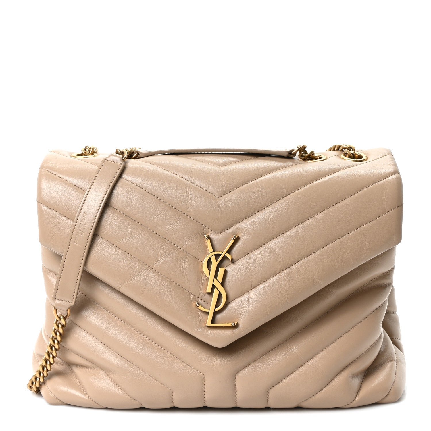Saint Laurent Calfskin Y Quilted Monogram Medium Loulou Chain Satchel Dark Beige