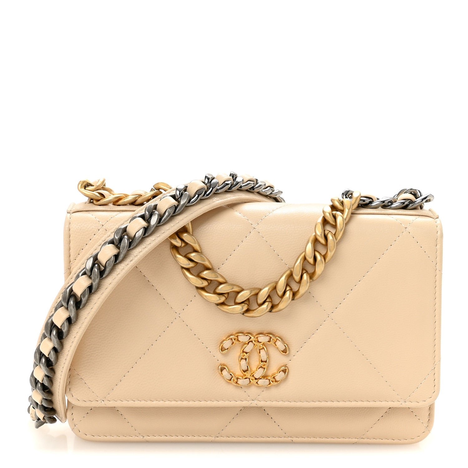 Chanel Lambskin Quilted Chanel 19 Wallet On Chain WOC Beige