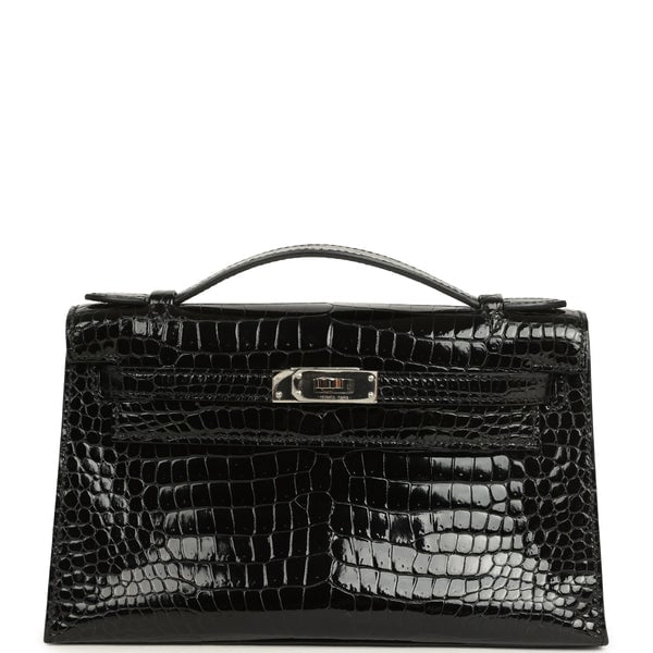Pre-owned Hermes Kelly Pochette Black Shiny Porosus Crocodile Palladium Hardware
