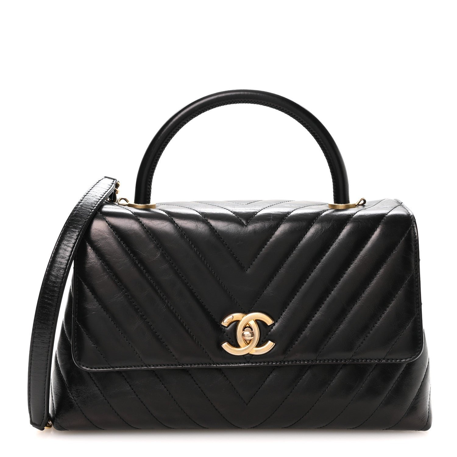 Chanel Aged Calfskin Chevron Quilted Small Coco Handle Flap Black