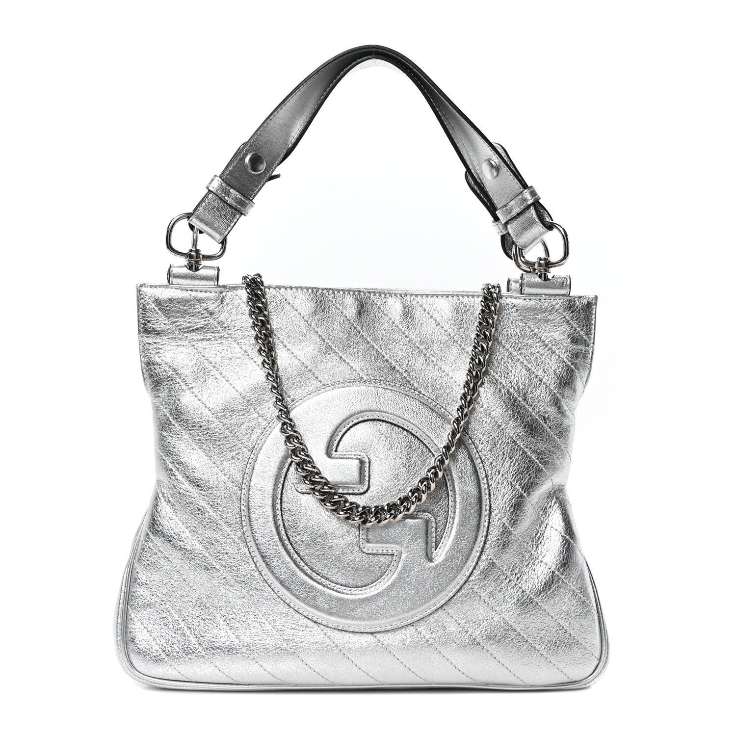 Gucci Sakai Be Green Calfskin Diagonal Stitched Small Blondie Tote Silver