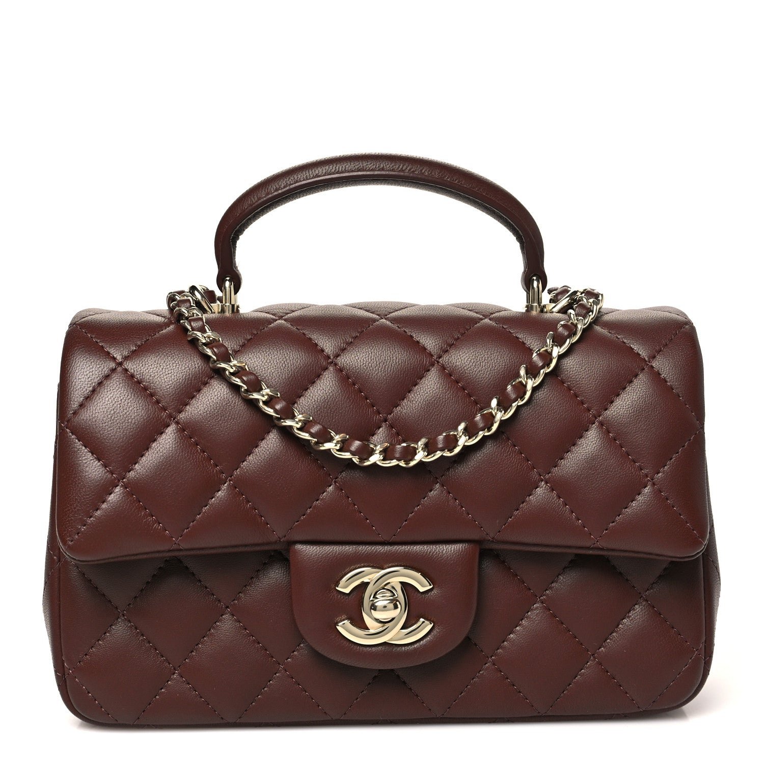 Chanel Lambskin Quilted Mini Top Handle Rectangular Flap Dark Brown
