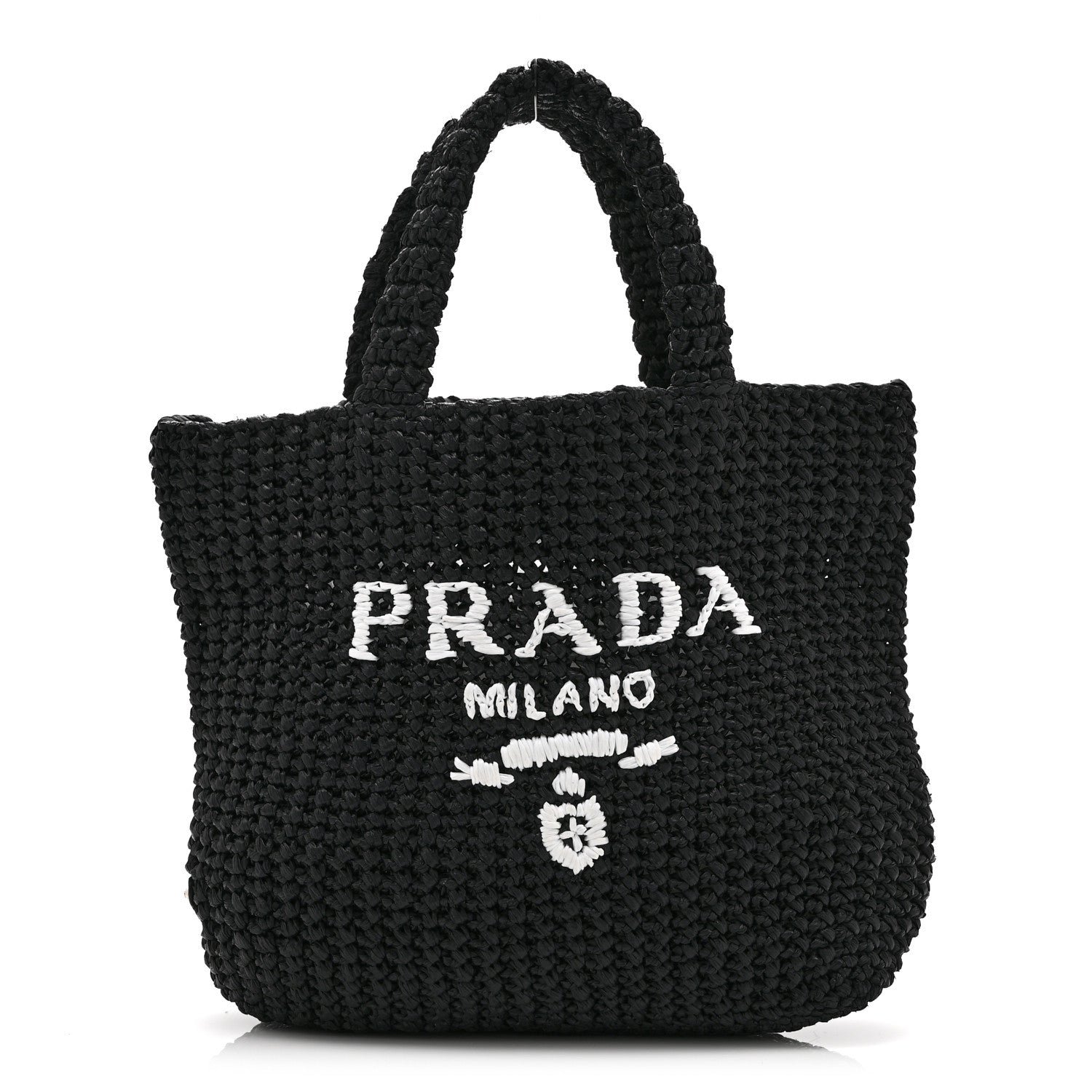 Prada Yarn Raffia Effect Crochet Embroidered Small Logo Tote Black