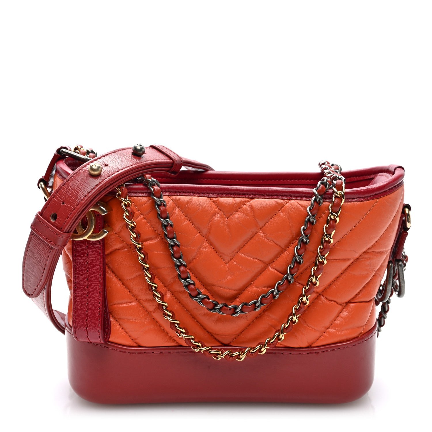 Chanel Aged Calfskin Chevron Quilted Small Gabrielle Hobo Dark Red Orange