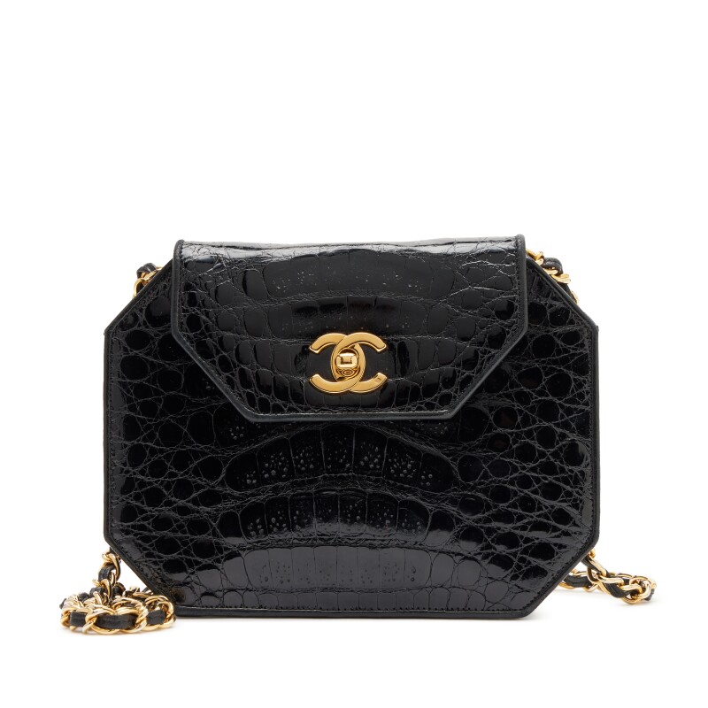 Chanel Vintage Black Crocodile Octagon Flap Bag Gold Hardware, 1989-1991