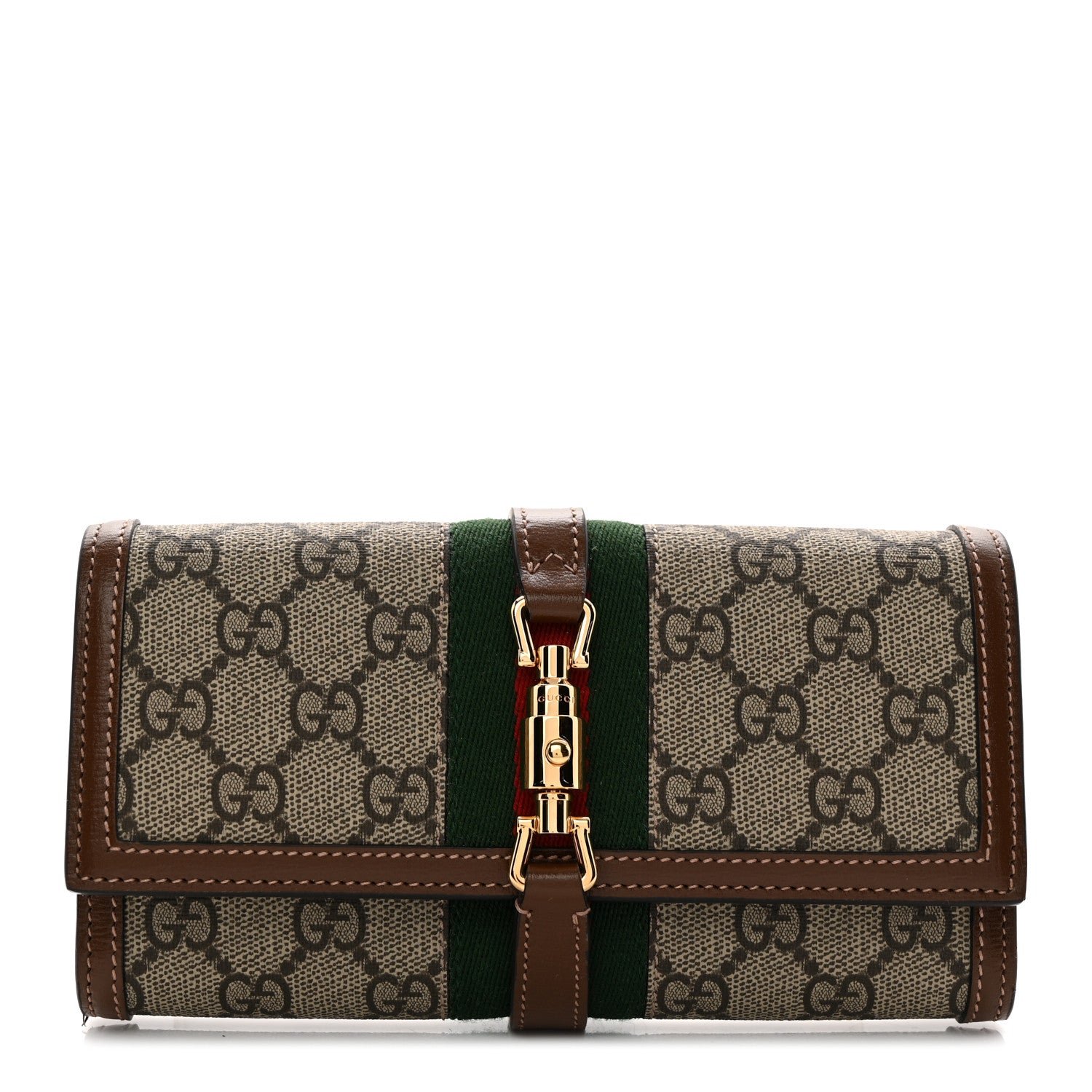 Gucci GG Supreme Monogram Azalea Calfskin Web Jackie 1961 Chain Wallet Beige Ebony Brown Sugar