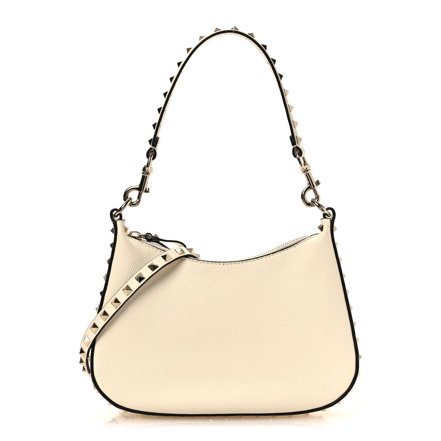 Valentino Garavani Grainy Calfskin Small Rockstud Hobo Ivory