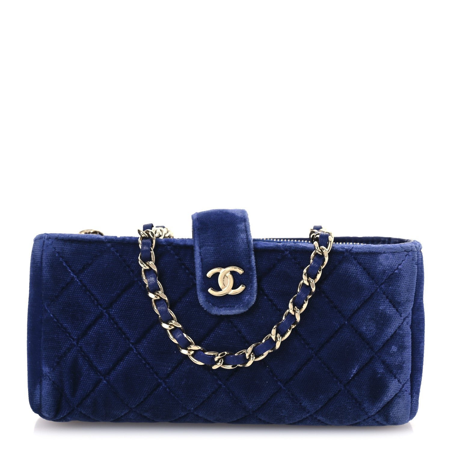 Chanel Velvet Quilted Mini Phone Holder Crossbody Bag Blue