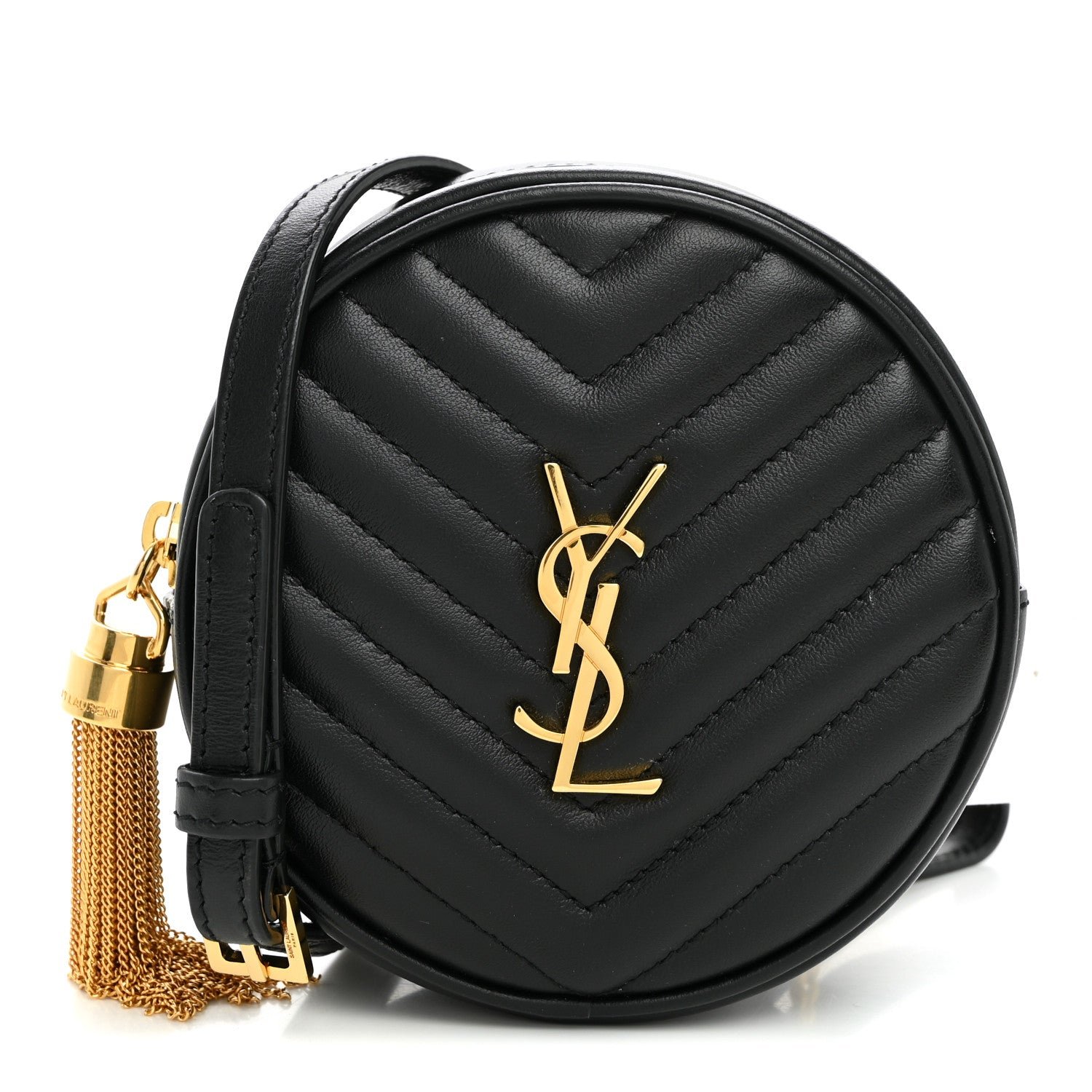 Saint Laurent Calfskin Matelasse Chevron Quilted Baby Round Vinyle Belt Bag Black