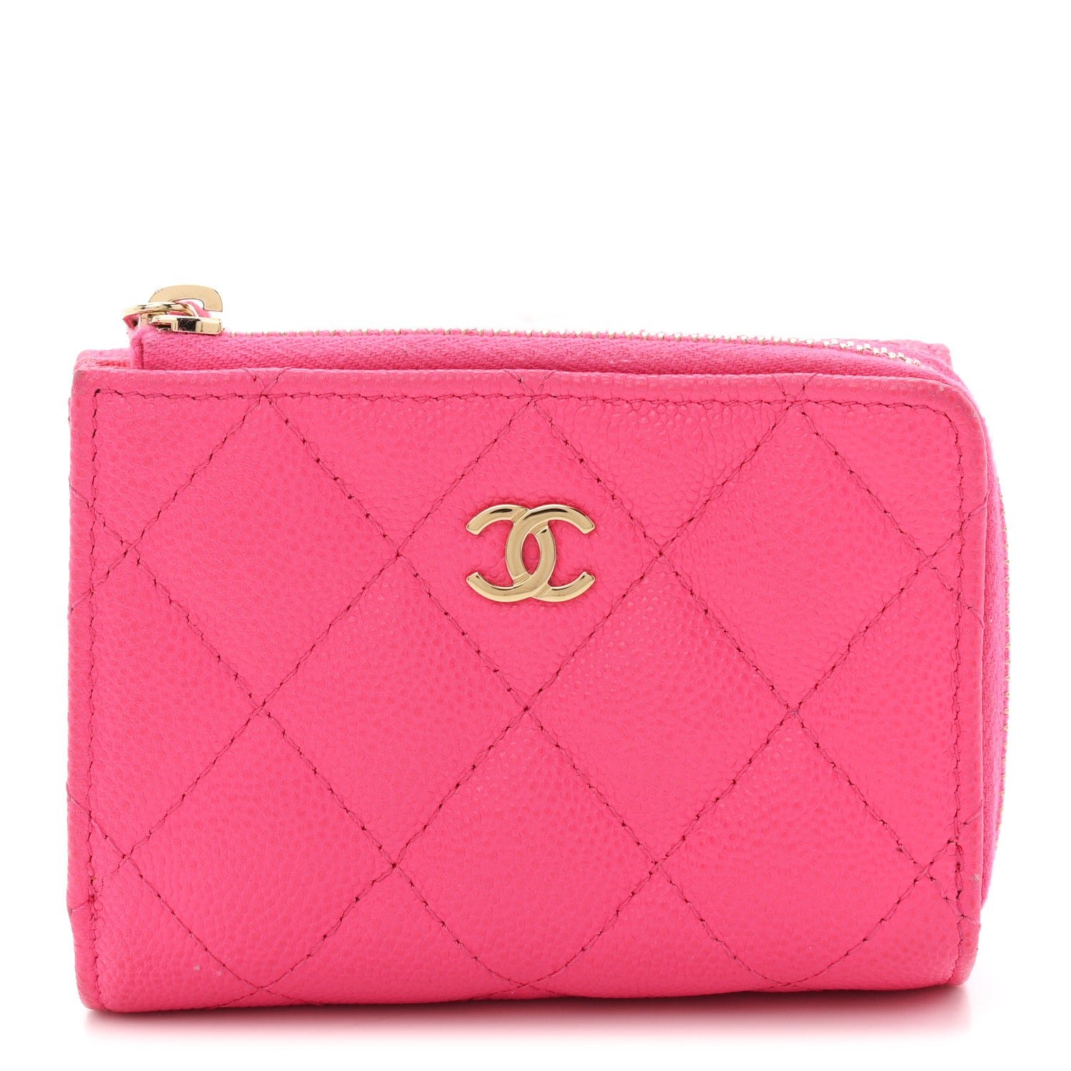 Chanel Caviar Quilted CC Zip Compact Trifold Wallet Pink
