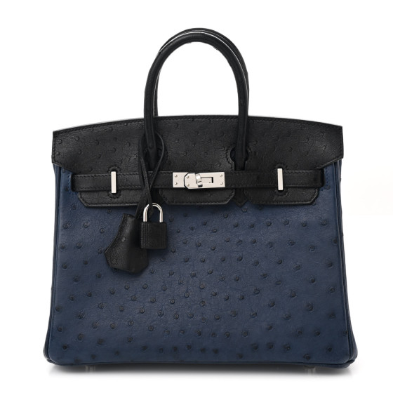 Hermes Ostrich Bi-Color Birkin 25 Bleu Iris Black