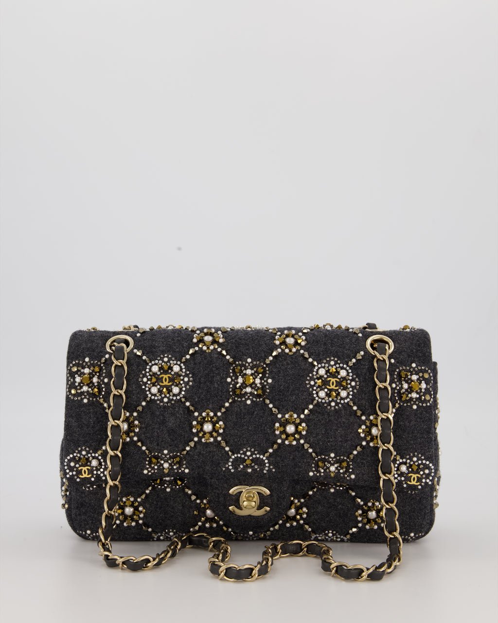 *RARE* Chanel 21A Dark Grey Pearl Strass Crystal CC Classic Medium Double Flap Bag in Wool with Champagne Gold Hardware