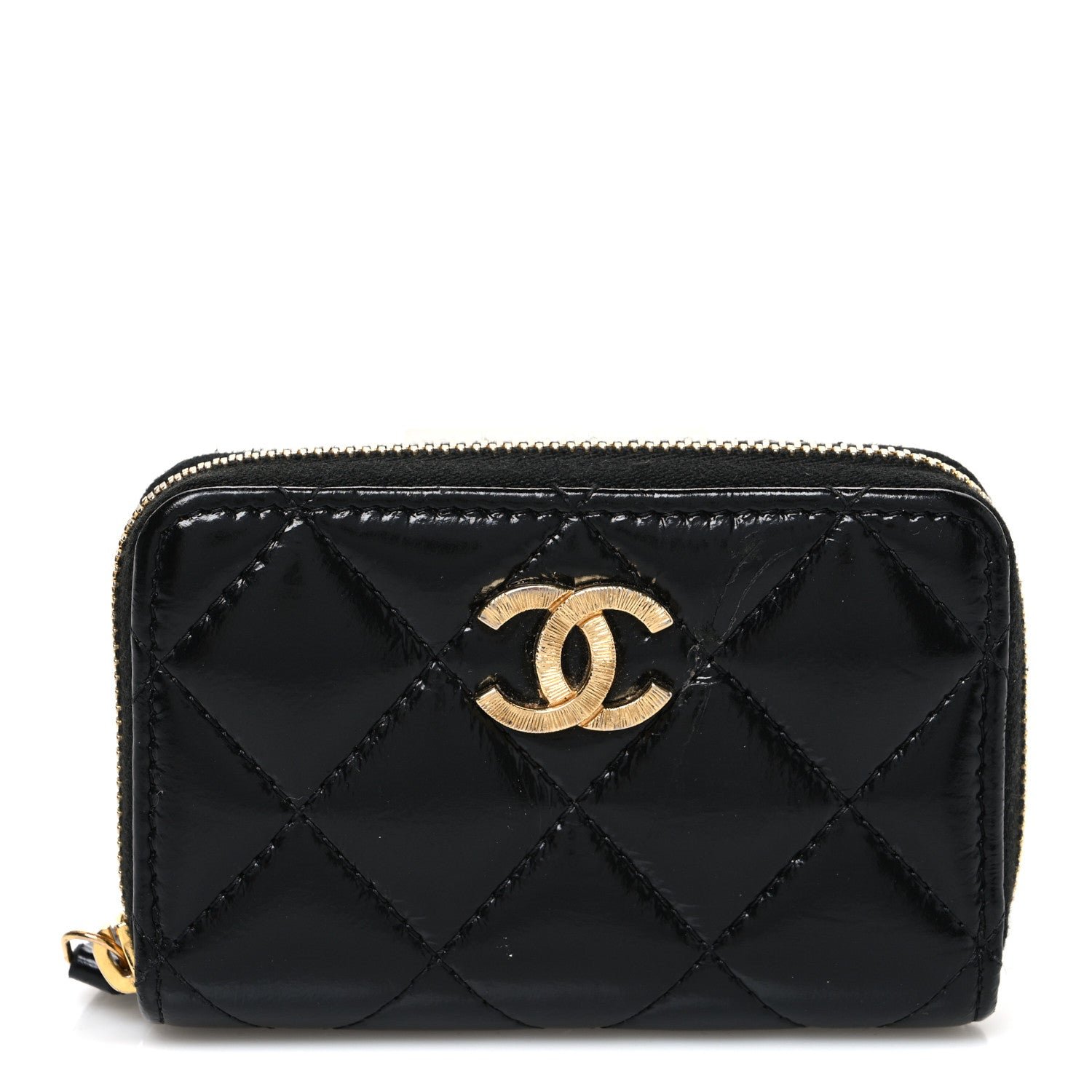 Chanel Shiny Lambskin Quilted Textured CC Zip Coin Purse Black