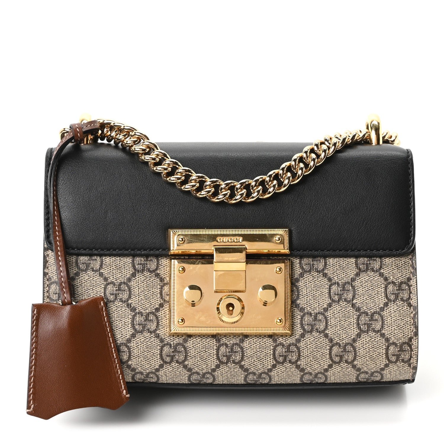 Gucci GG Supreme Monogram Calfskin Small Padlock Shoulder Bag Beige Black Cuir