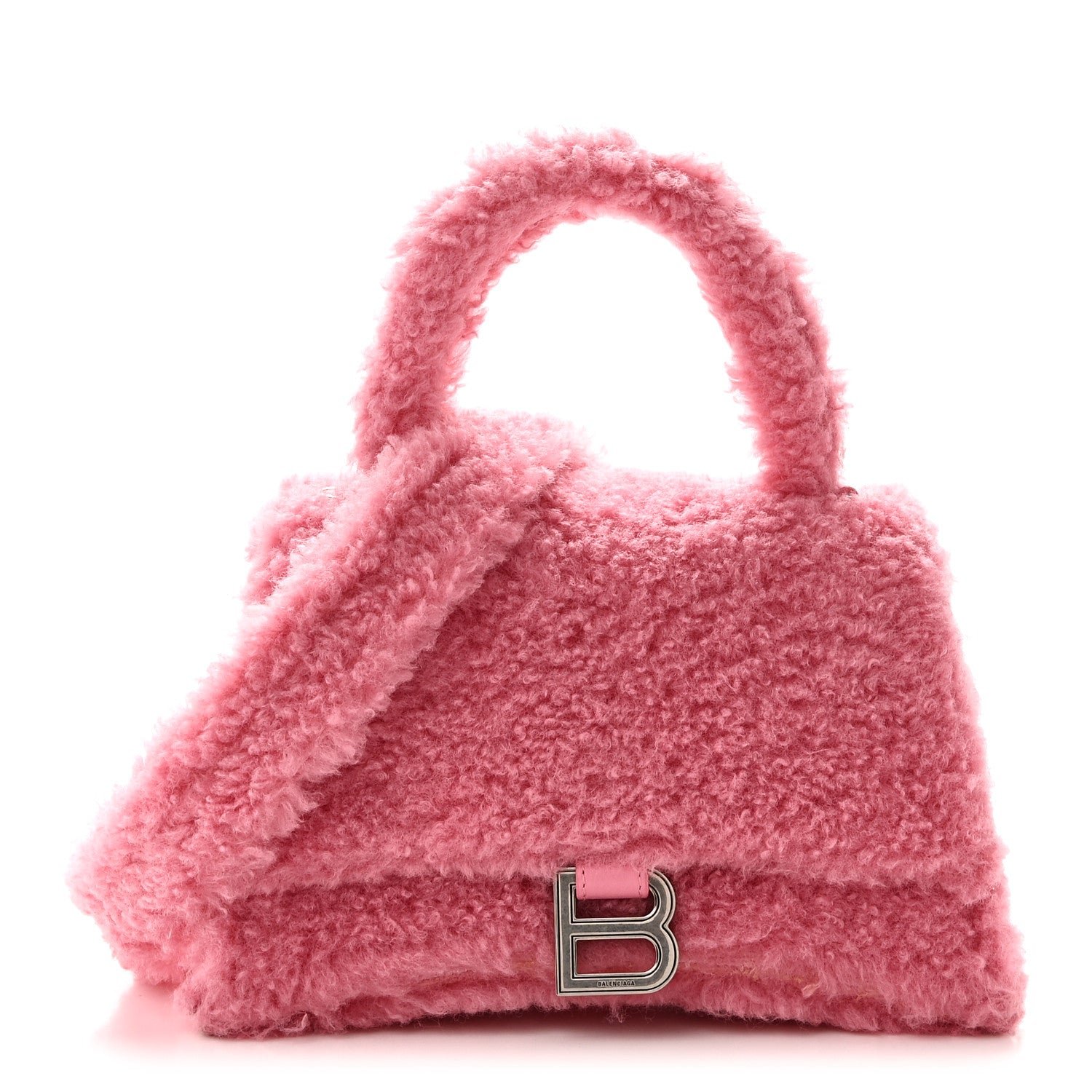 Balenciaga Curly Faux Shearling Small Hourglass Top Handle Bag Sweet Pink Pink