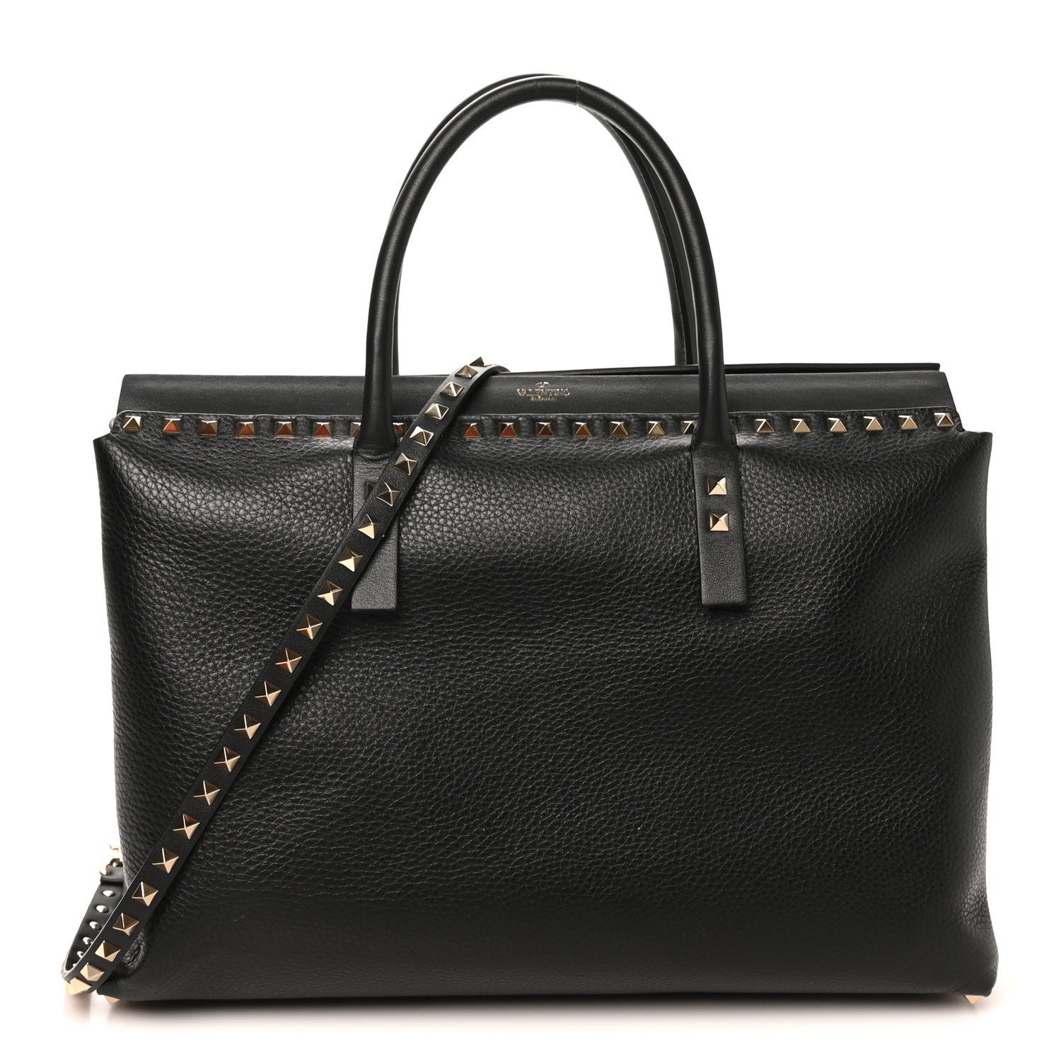 Valentino Garavani Grained Calfskin Rockstud Flip Lock Briefcase Tote  Black