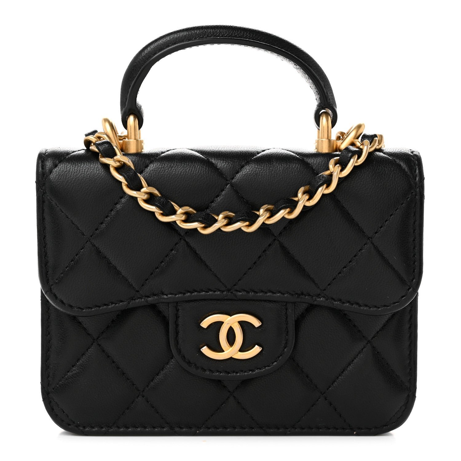 Chanel Lambskin Quilted Top Handle Flap Coin Purse With Chain Black
