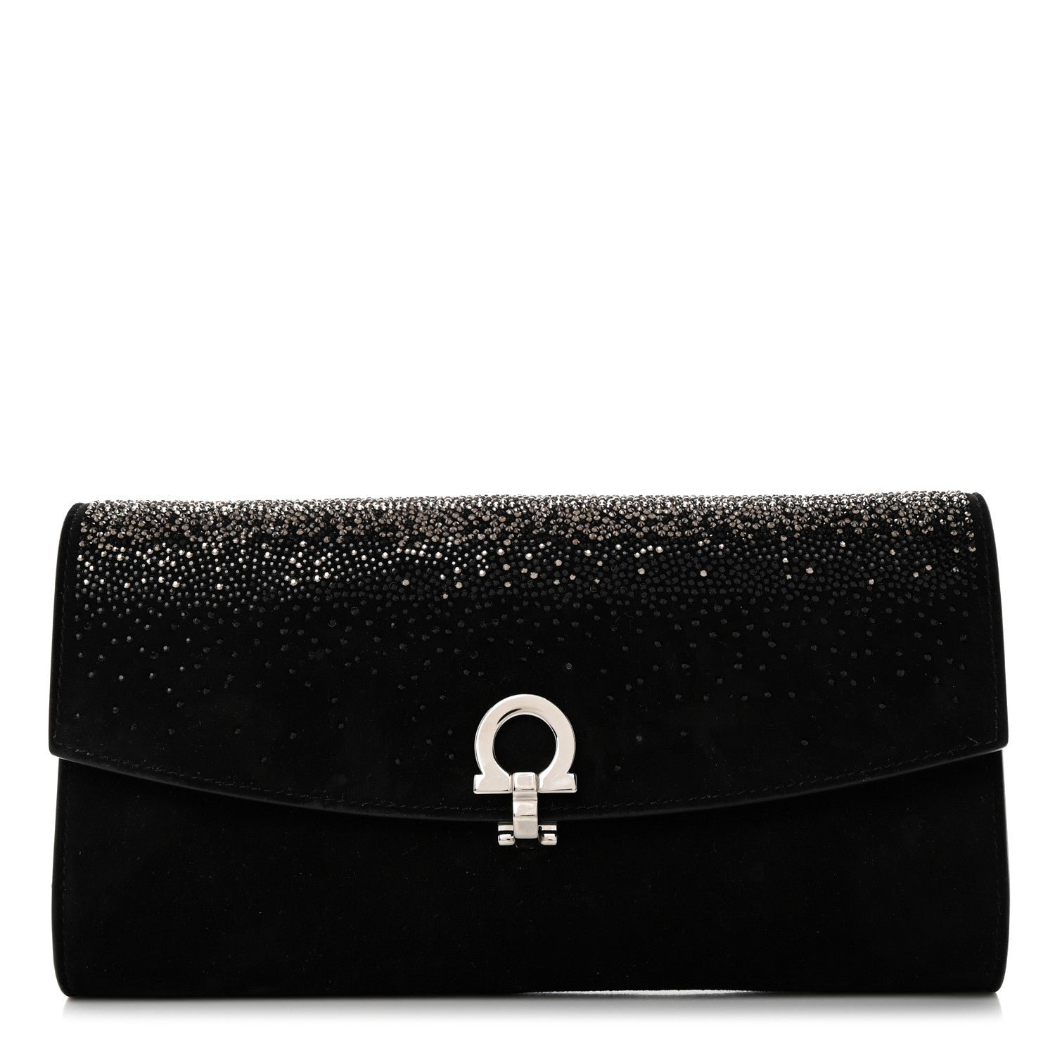 Salvatore Ferragamo Suede Crystal Gancini Wallet On Chain Black
