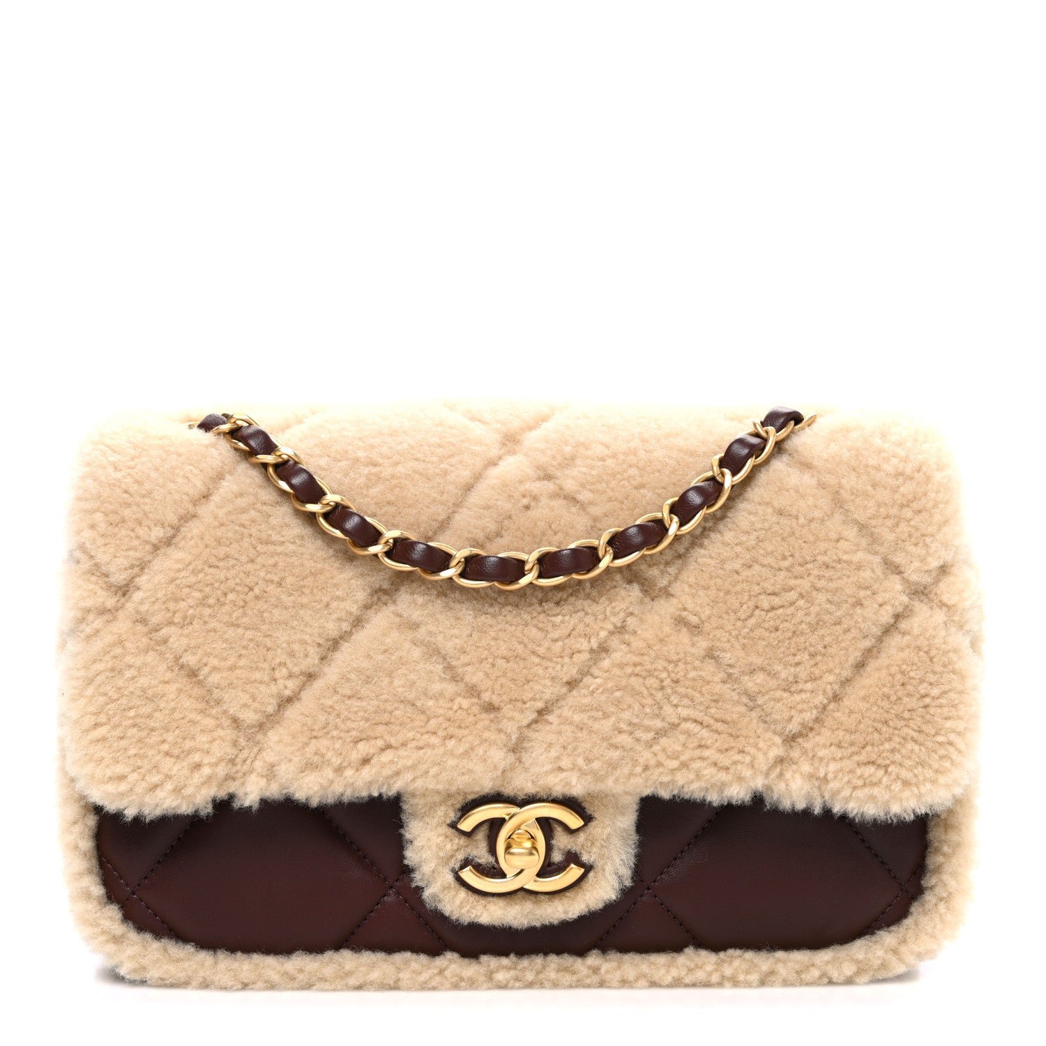 Chanel Shearling Lambskin Quilted Furry Coco Flap Beige Dark Brown