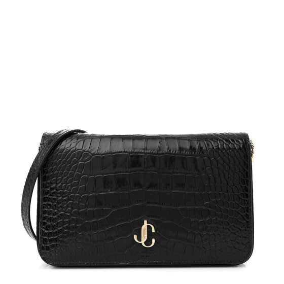Jimmy Choo Calfskin Crocodile Embossed Palace Wallet On Chain Black