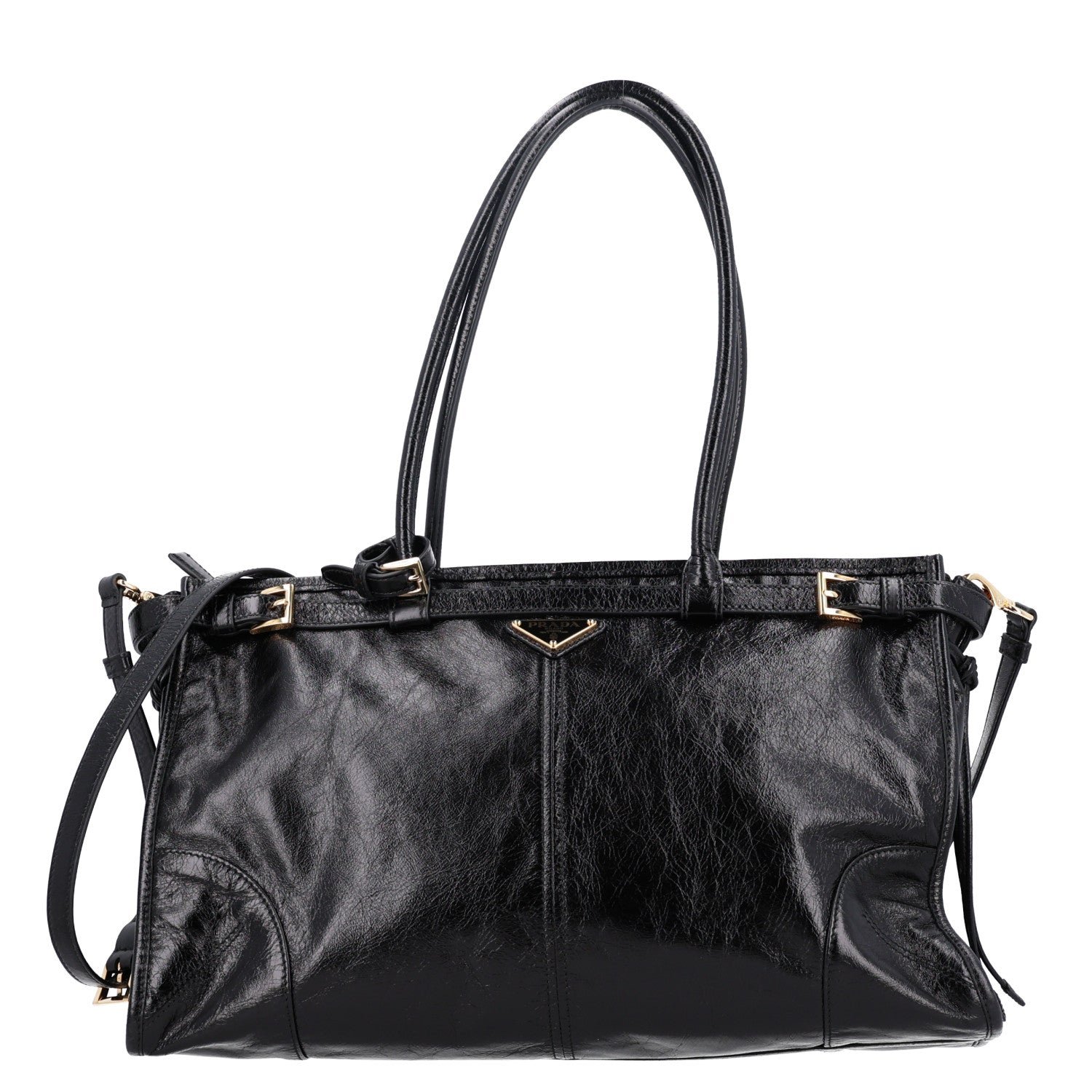 Prada Glossy Calfskin Triangle Large Bonnie Shoulder Bag Black