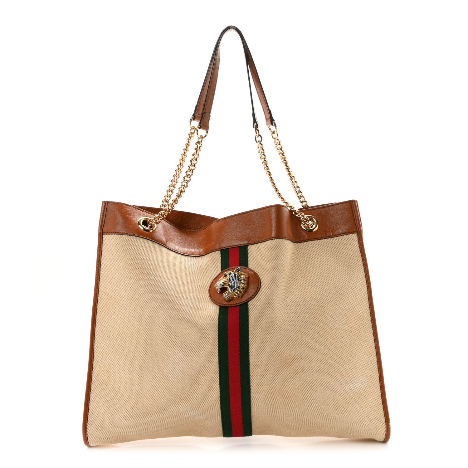 Gucci Vintage Canvas Calfskin Web Large Rajah Chain Tote Sand Light Cuir