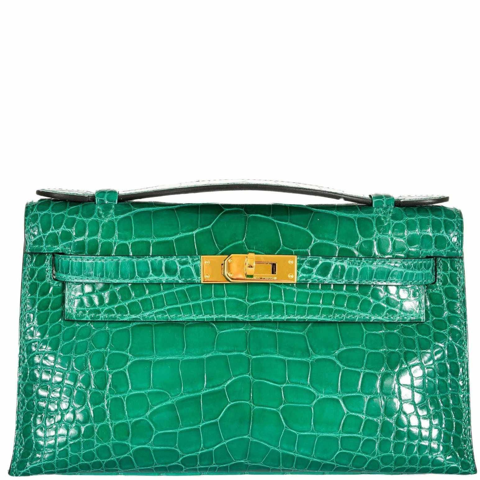 Hermes Hermès Kelly Pochette Vert Jade Alligator Clutch Gold Hardware
