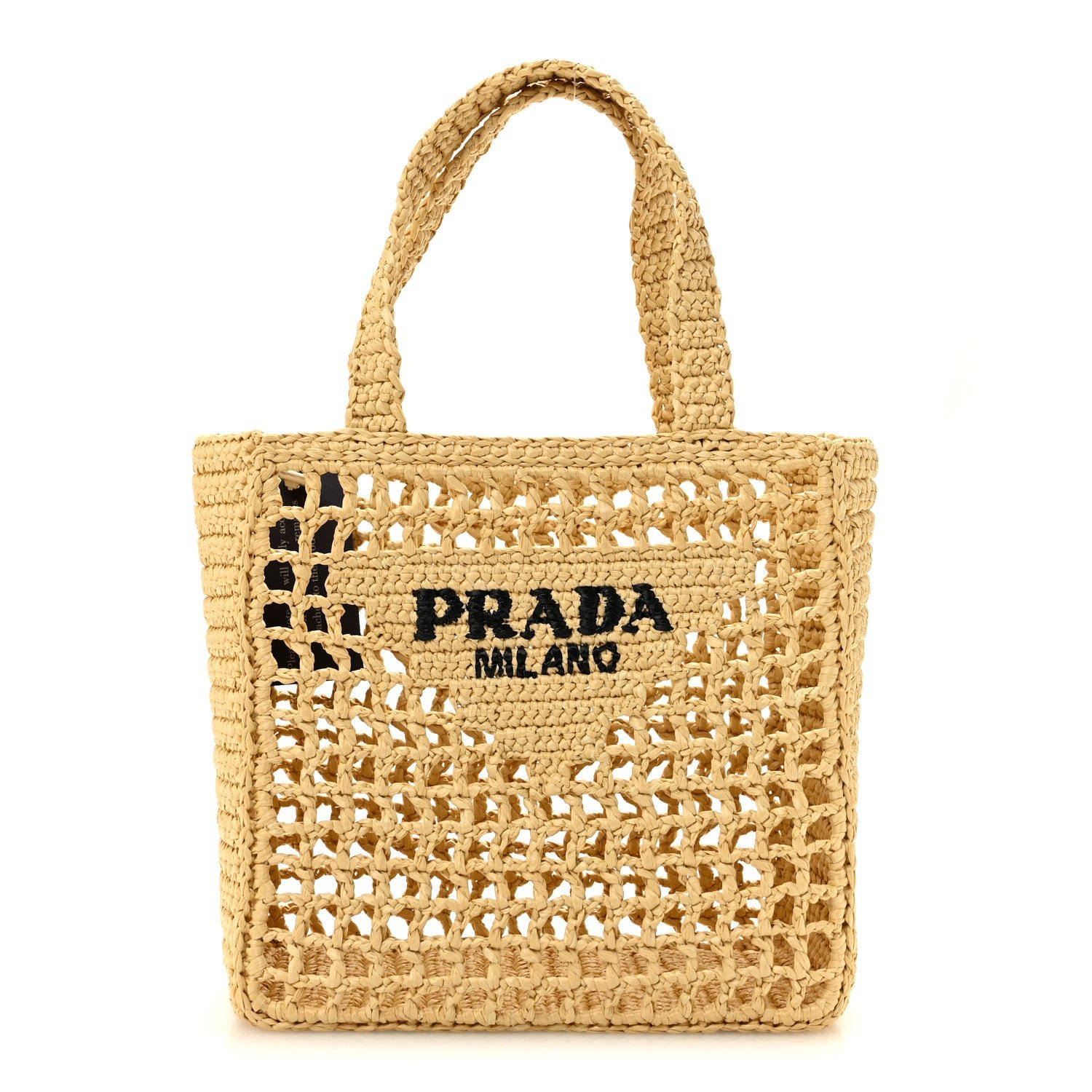 Prada Yarn Raffia Effect Crochet Logo Embroidered Small Tote Bag Naturale