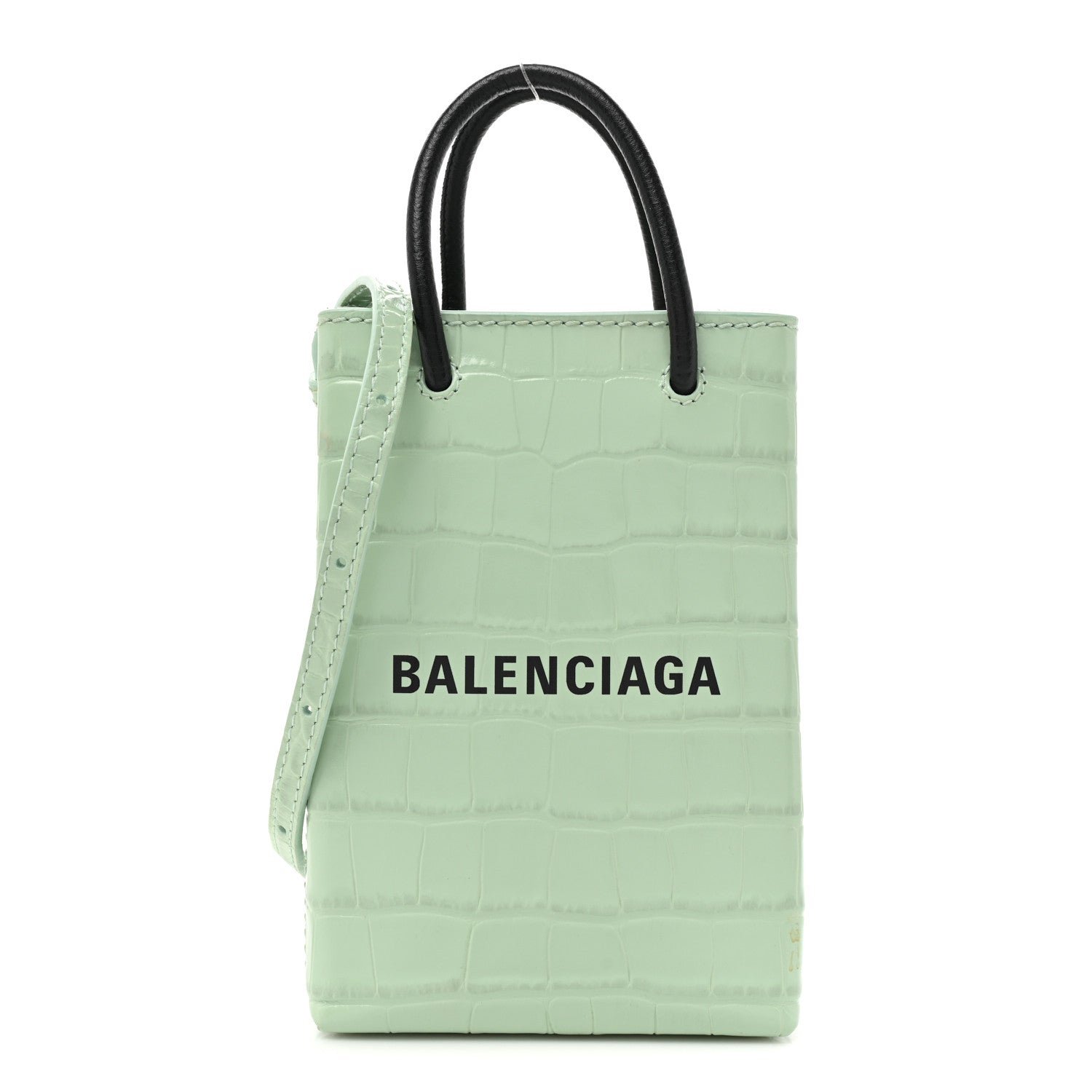 Balenciaga Shiny Calfskin Logo Crocodile Embossed Shopping Phone Holder Bag Light Green Black