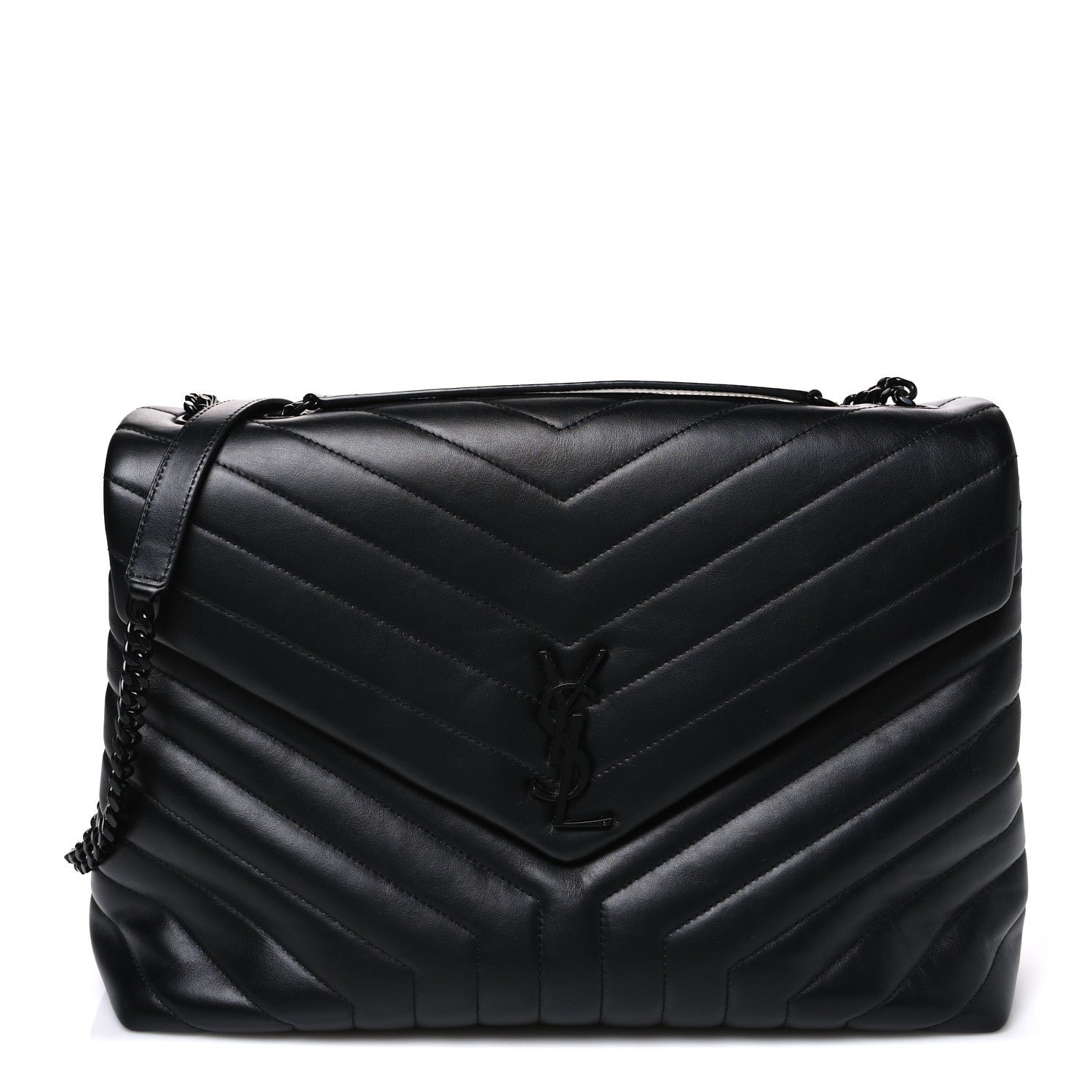 Saint Laurent Calfskin Y Quilted Monogram Monochrome Large Loulou Chain Satchel Black