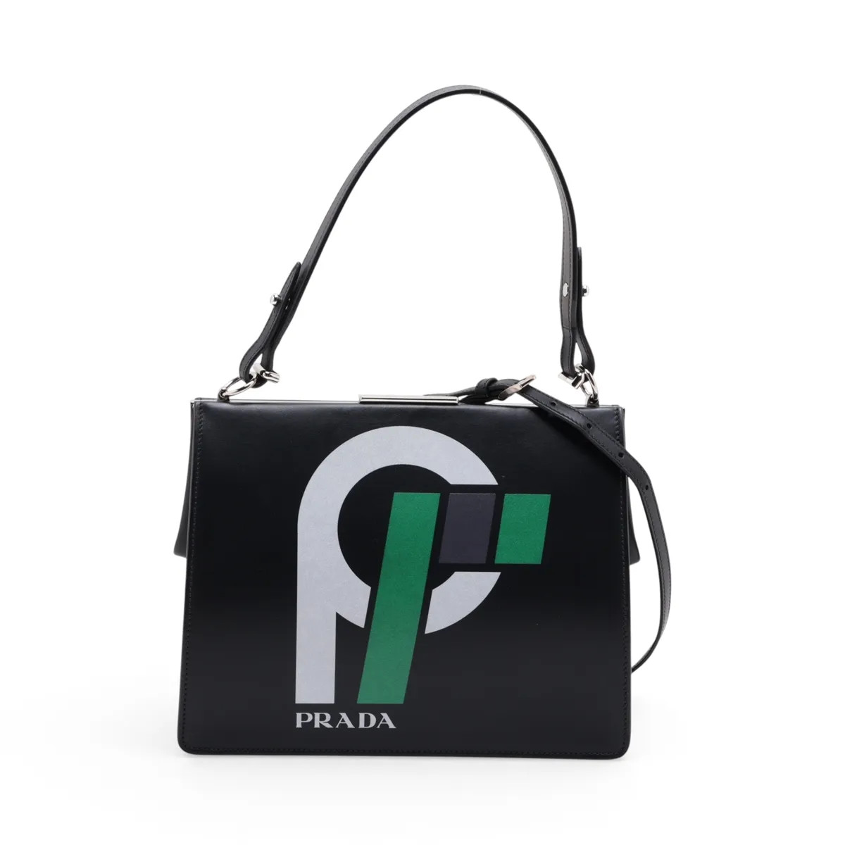 Prada 1BK043 Leather 2 Way Shoulder Bag Black open papers