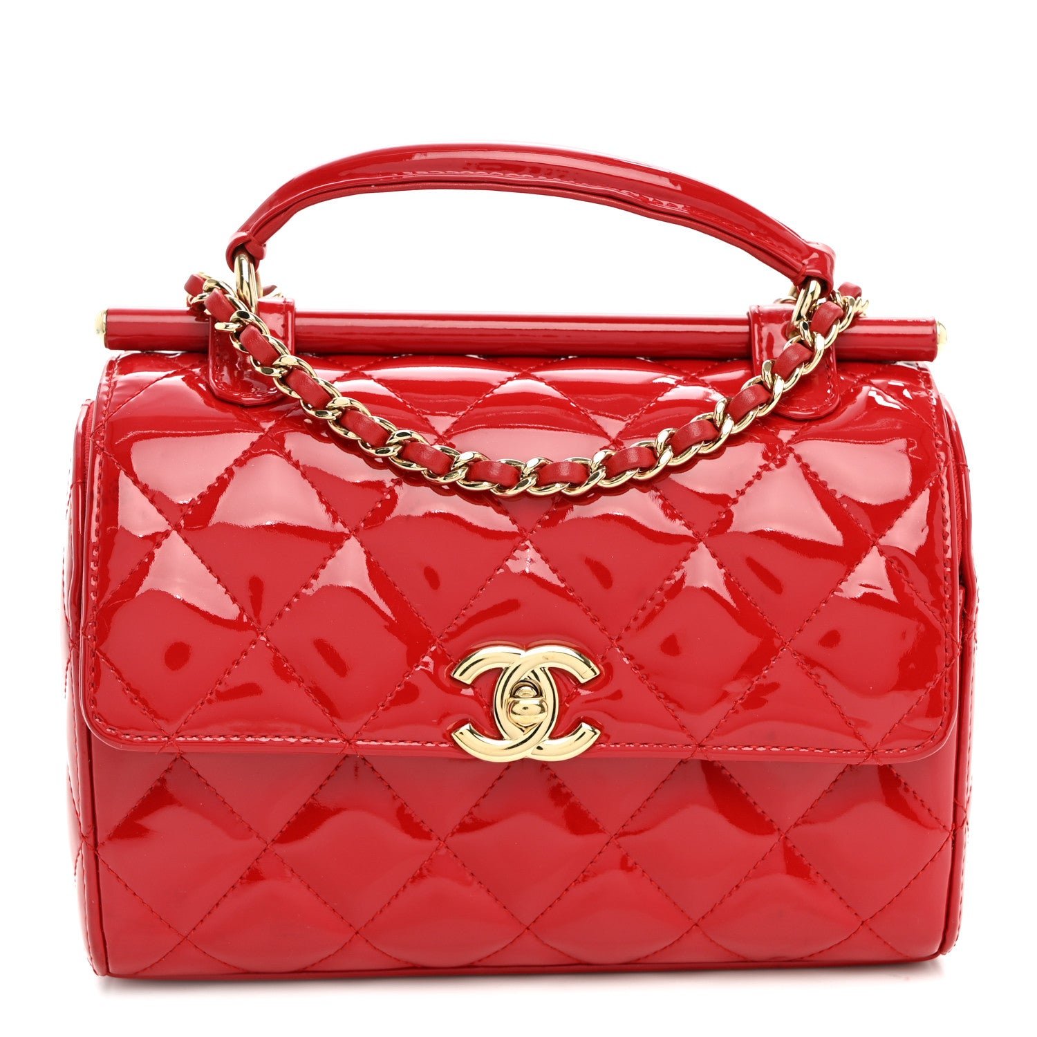 Chanel Patent Quilted Small Gold Bar Top Handle Flap  Red