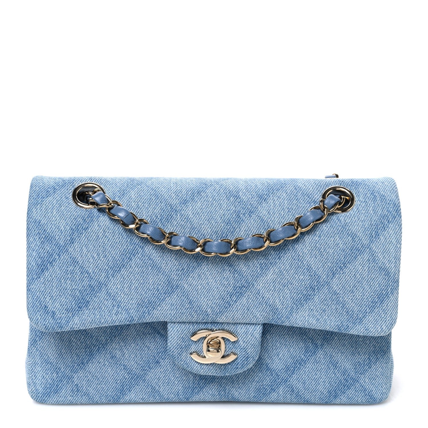 Chanel Printed Denim Quilted Small Double Flap Light Blue