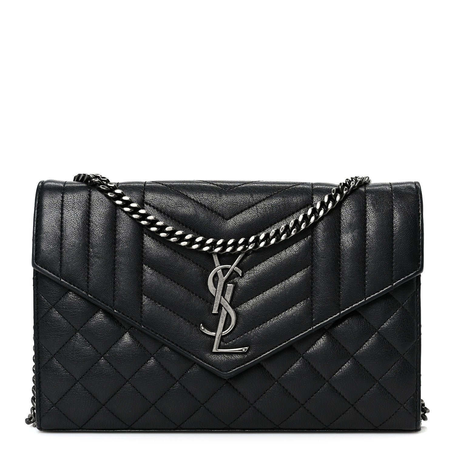 Saint Laurent Sheepskin Tri-Quilt Monogram Envelope Chain Wallet Black