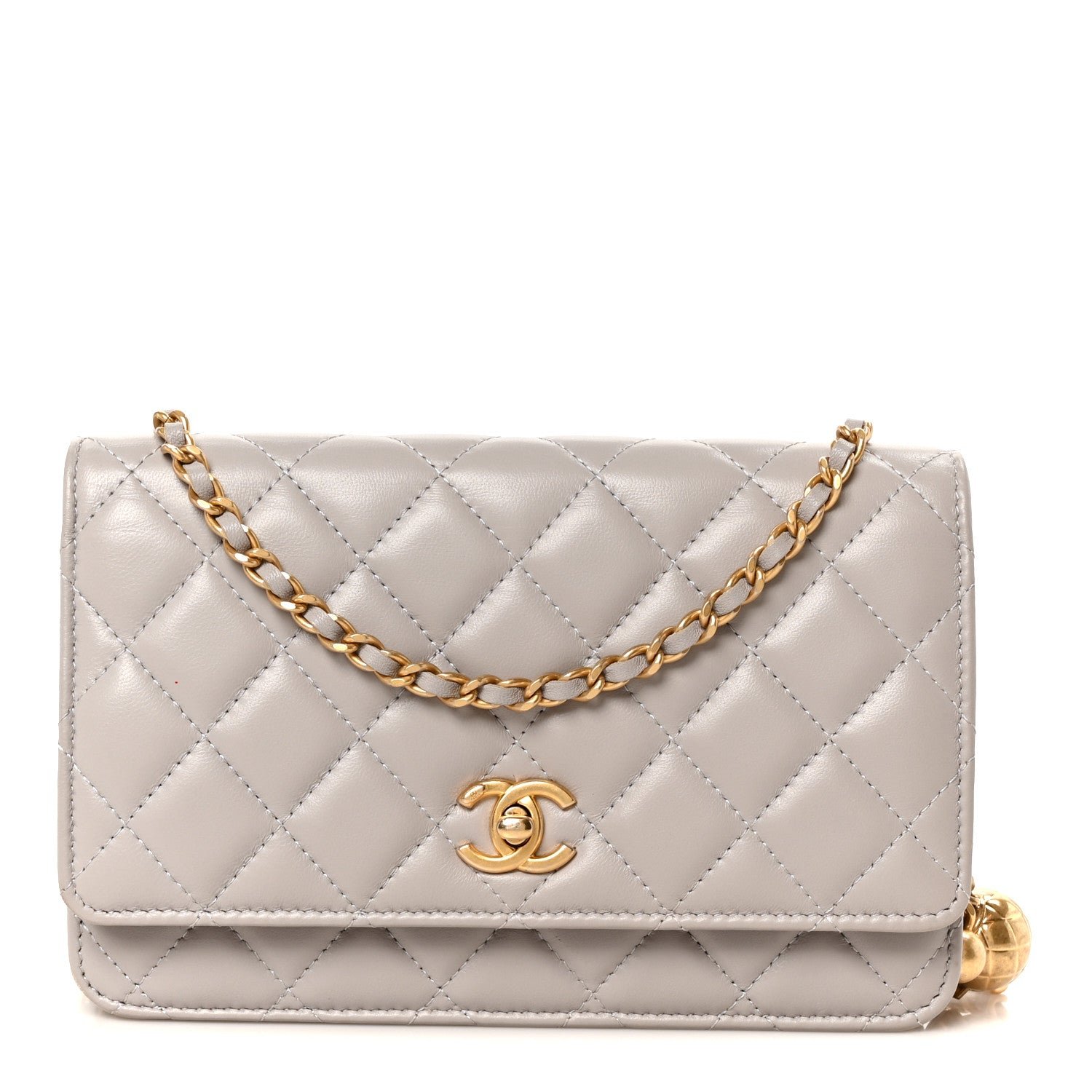 Chanel Lambskin Quilted CC Pearl Crush Wallet on Chain WOC Grey