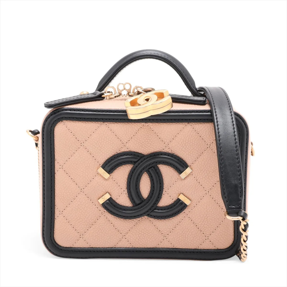 Chanel CC Filigree Caviar Skin 2 Way Handbag Beige x black Gold Metal Fittings
