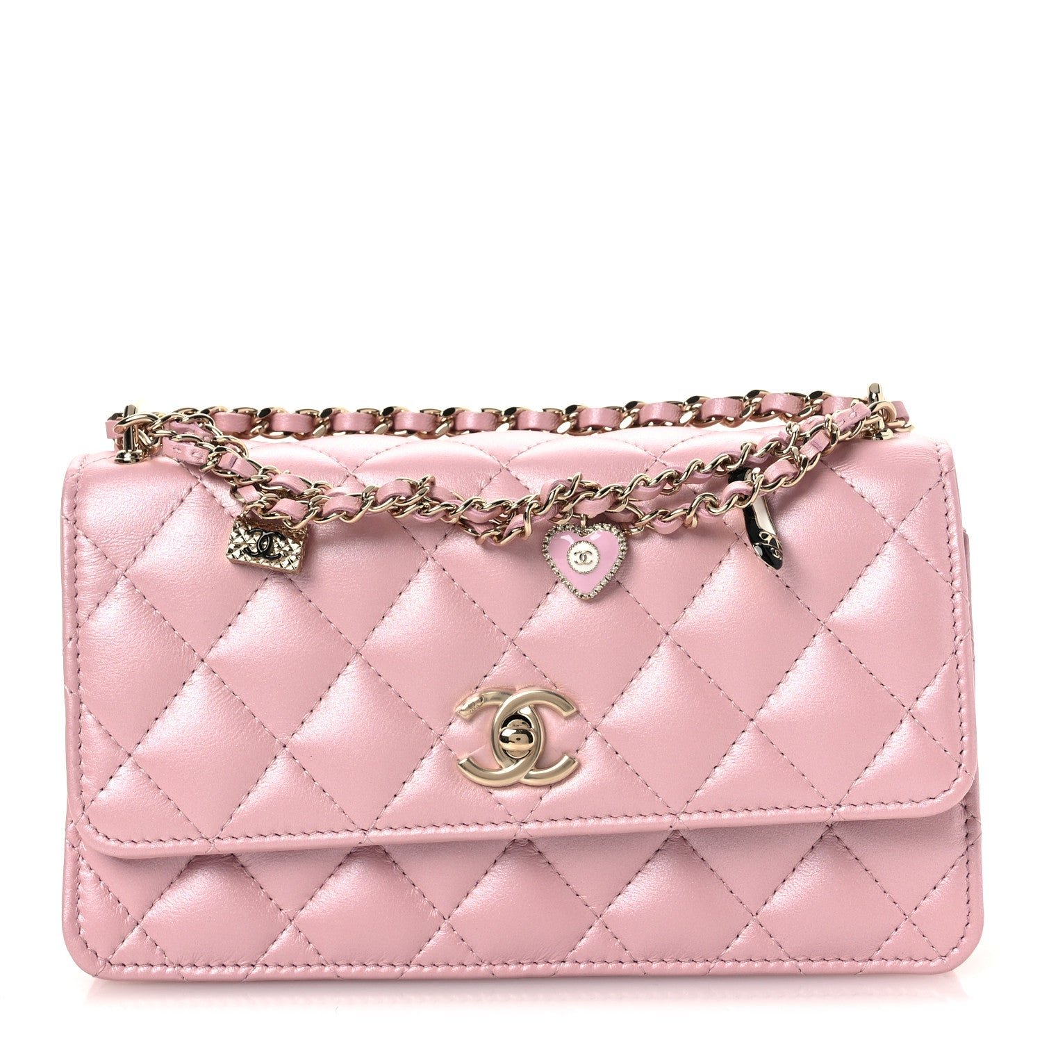Chanel Pearly Lambskin Quilted Charms Wallet On Chain WOC Light Pink