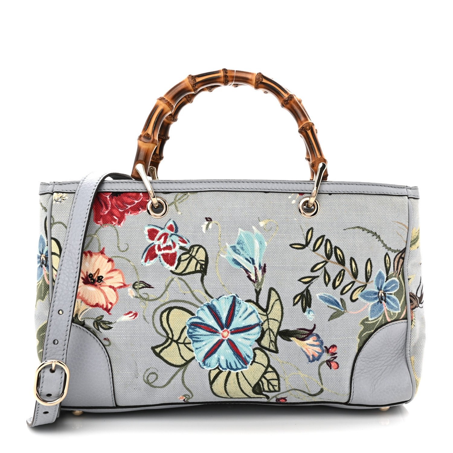 Gucci Canvas Cellarius Calfskin Flora Knight Medium Bamboo Shopper Tote Light Blue