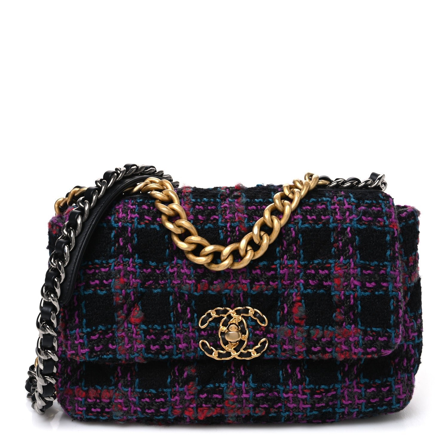 Chanel Tweed Quilted Medium Chanel 19 Flap Black Blue Purple
