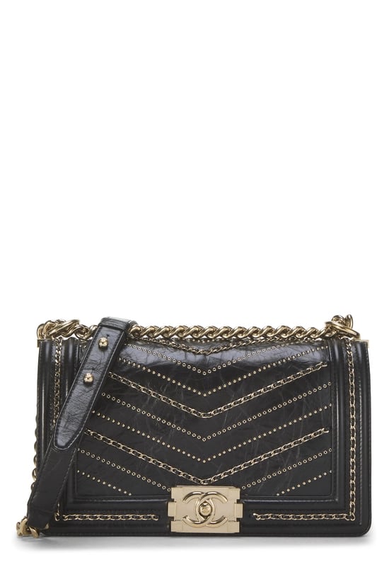 Black Calfskin Chevron Chain Boy Bag Medium